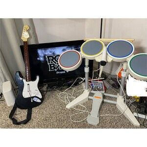 Nintendo Wii Rock Band Bundle -  Guitar, Drums, Mic,  Dongles tested Pedals stix
